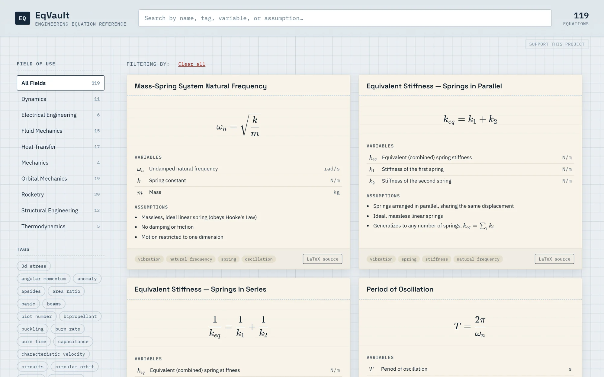 EqVault equation reference showing searchable equation cards with variables, units, and assumptions